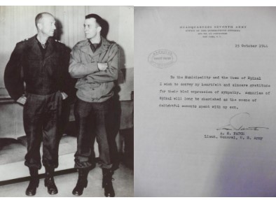 Left: Picture of Seventh Army commander, Lt. Gen. Alexander “Sandy” Patch Jr. and his son, Capt. Alexander M. Patch III. Right: Letter of Patch Jr. to the city of Epinal.    Credits: Photo: Left: West Point Military Academy archives, location unknown, 1944. Right: Letter: Town of Epinal Archives.  