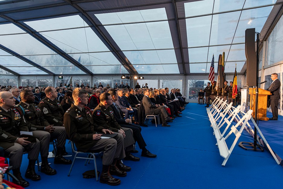 ABMC Commissioner Matthew E. Jones delivering remarks at the 80th anniversary of the Battle of Bulge in Bastogne, Belgium