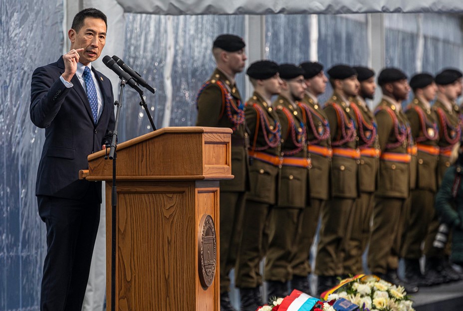 ABMC Secretary Charles K. Djou delivering remarks at the 80th anniversary of the Battle of the Bulge at Luxembourg American Cemetery. 