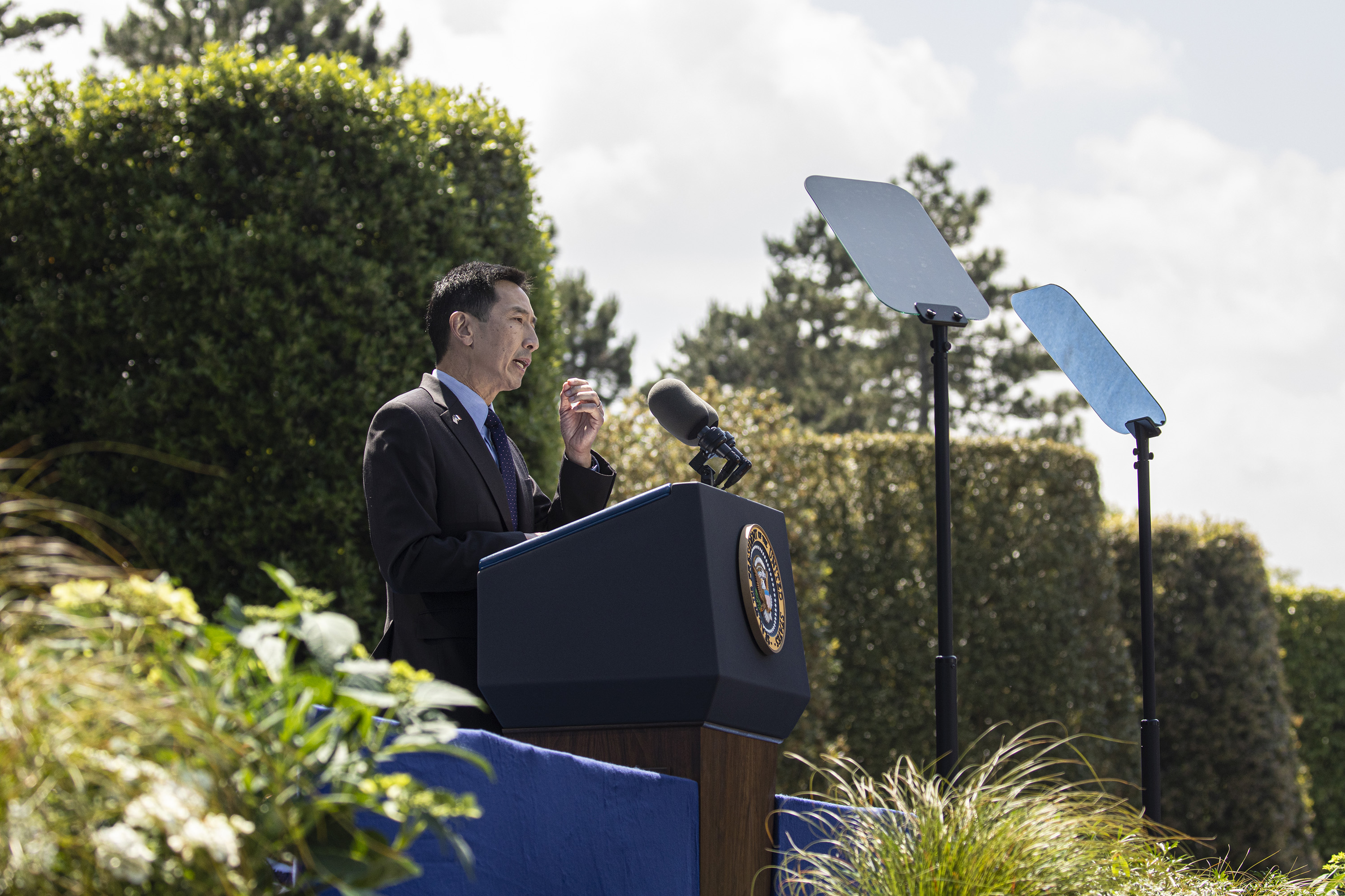 ABMC Secretary Charles K. Djou delivered opening remarks for the 80th anniversary of D-Day at Normandy American Cemetery.