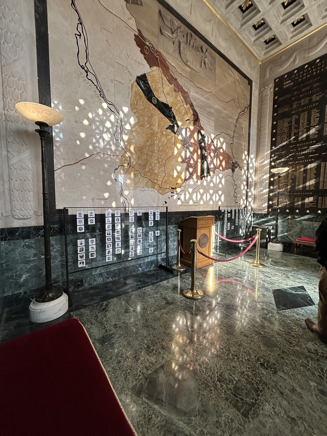 Inside the memorial chapel at St. Mihiel American Cemetery, a large map of inlaid marble depicts the St. Mihiel Offensive.