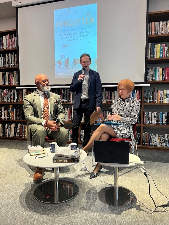 Morgan Wurzburger from the American Library in Paris introducing Linda Hervieux and American Battle Monuments Commission’s Commissioner Raymond D. Kemp Sr. at the beginning of the event on May 21, 2024.Credits: American Battle Monuments Commission