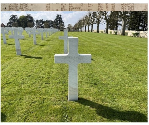 Bronze rosette near Pvt. Dalton Ranlet’s name on the Wall of the Missing to indicate his remains were recovered and identified. Ranlet’s headstone at Somme American Cemetery. Credits: ABMC