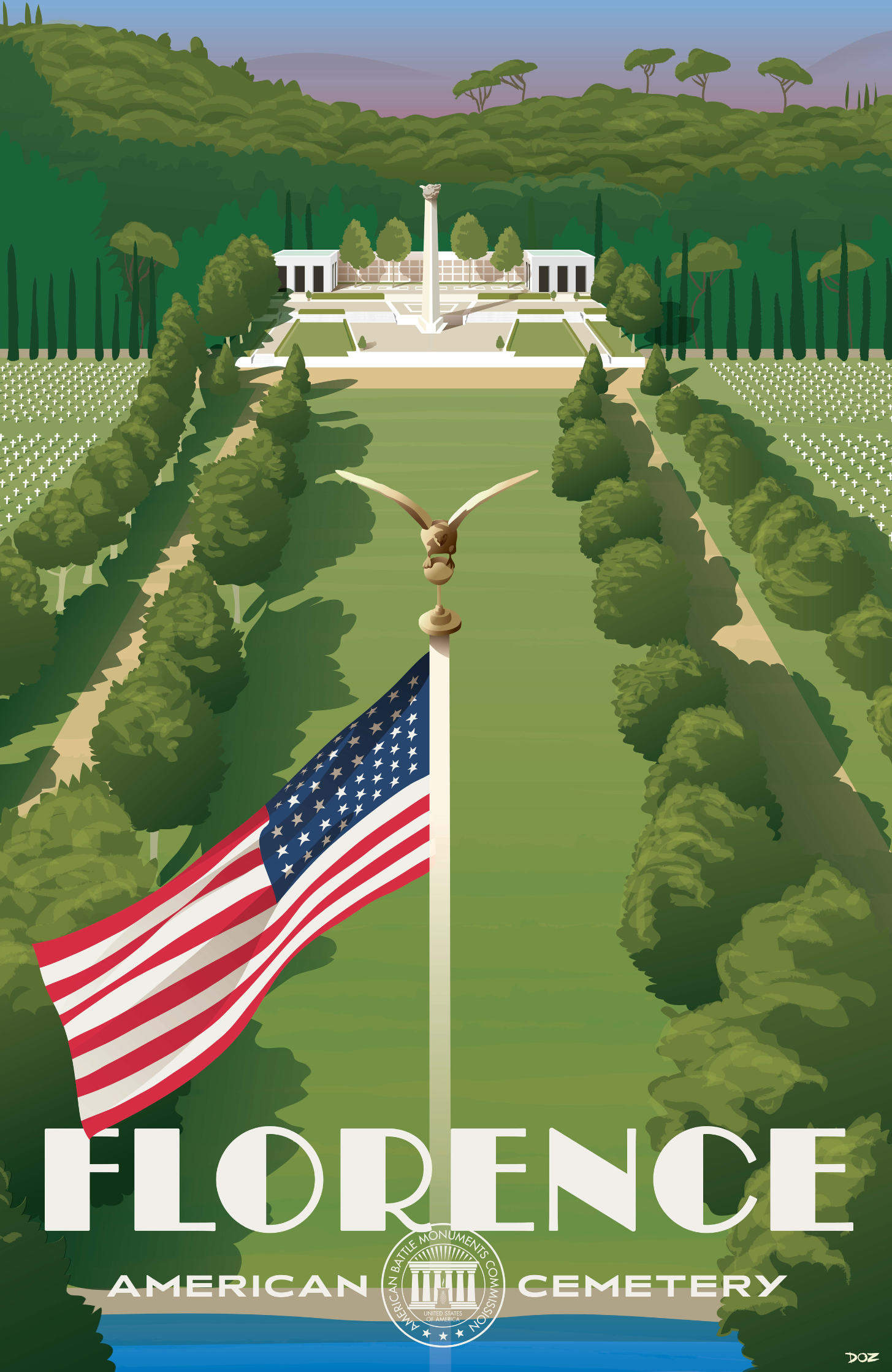 Vintage poster of Florence American Cemetery created to mark ABMC Centennial
