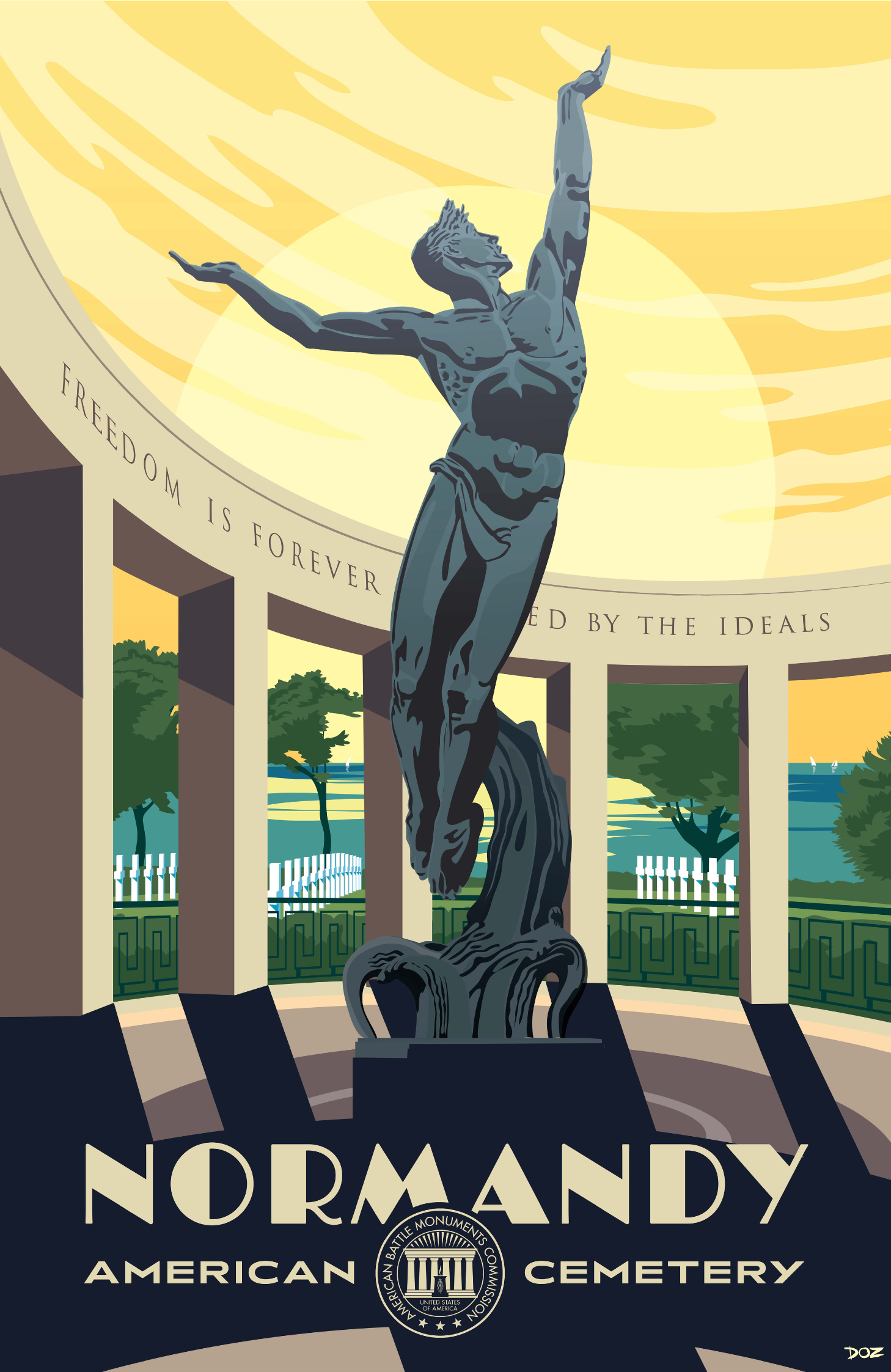 Vintage poster of Normandy American Cemetery created to mark ABMC Centennial
