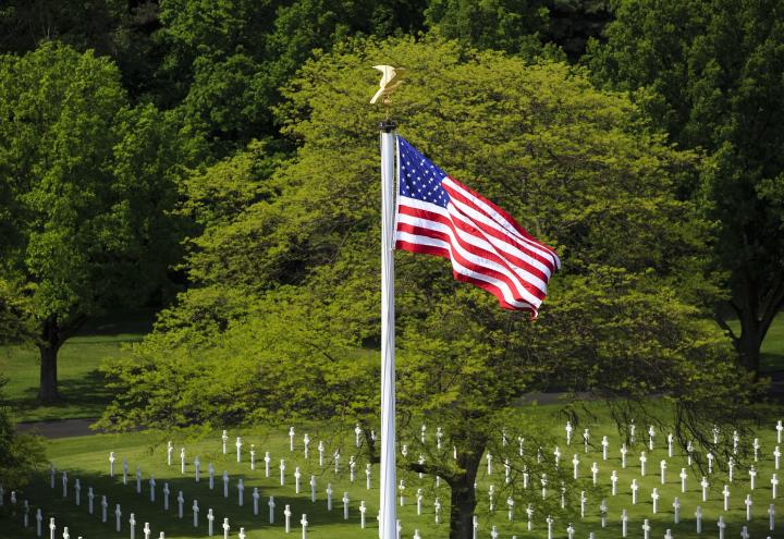 The U.S. flag flies over the graves at Lorraine American Cemetery