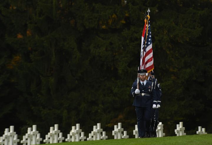 Airmen march in single file line as they begin the ceremony.