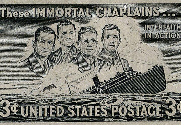 Stamp reads: These immortal chaplains...interfaith in action.