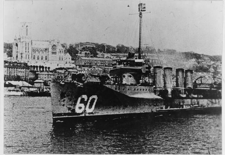 An American destroyer arrives in the Queenstown port. 