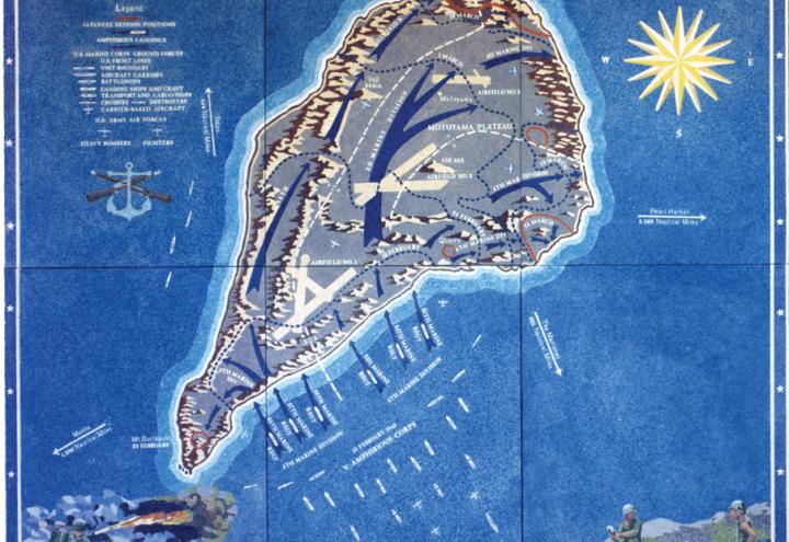 A battle map showing troop movement near Iwo Jima is at the Honolulu Memorial.