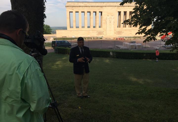 Gwaltney stands in front of Chateau-Thierry Monument during filming. 