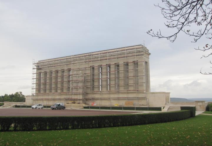 Metal scaffolding surrounds the monument in preparation for the maintenance work. 