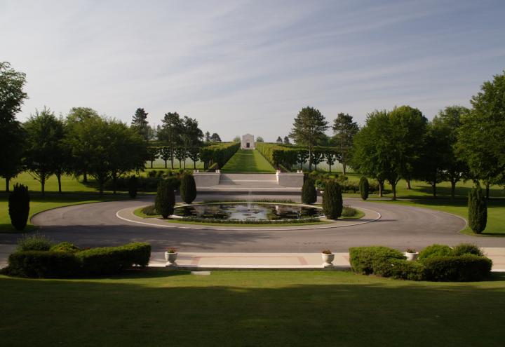 A long path leads to the chapel at Meuse-Argonne American Cemetery.