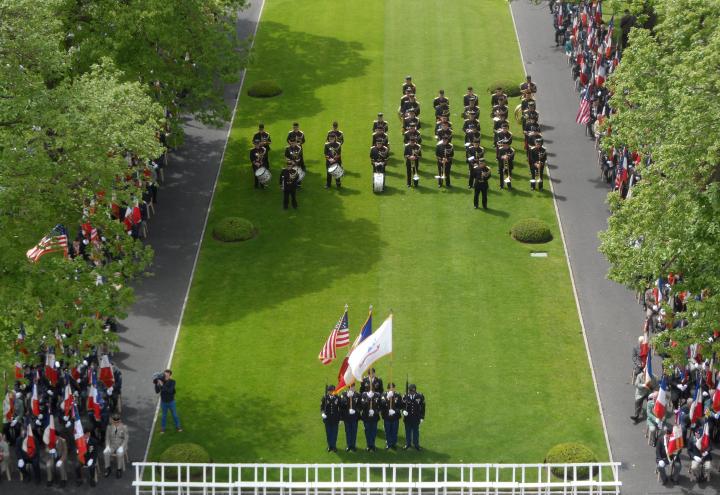 View from top of chapel, looking down at Color Guard. 