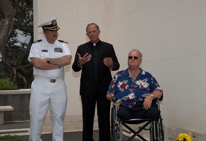 Command Chaplain John Brzek, Father Gary L. Secor, and ABMC Secretary Max Cleland at Honolulu Memorial 