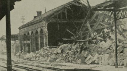Historic image showing destroyed rain station in Sedan, France.
