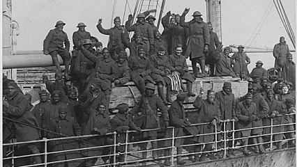 Men of the 369th return to New York on a ship. 