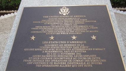 This bronze plaque mounted on granite commemorates the U.S. Western Task Force. 