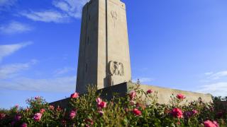 The stone monument is located on Blanc Mont Ridge.