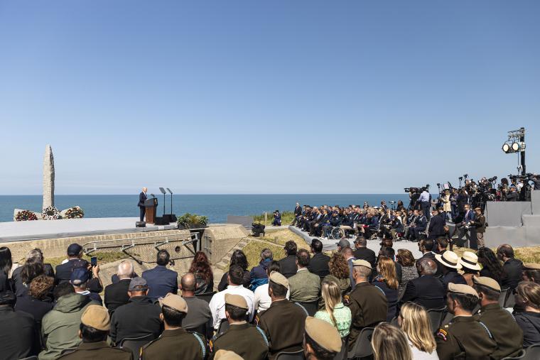 President of the United States Joseph R. Biden Jr. delivered remarks to commemorate the 80th anniversary of D-Day at the World War II Pointe du Hoc Ranger Monument overlooking Omaha Beach, France 2024