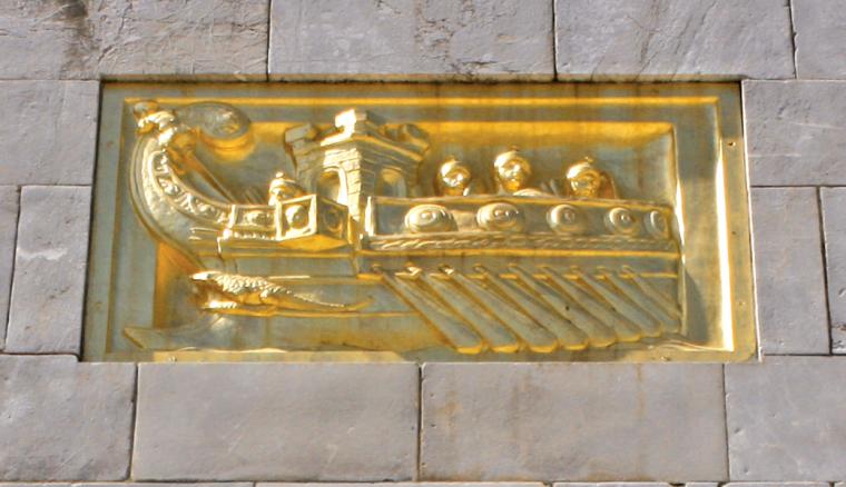 Detail of gilded ship at the Naval Monument at Gibraltar.