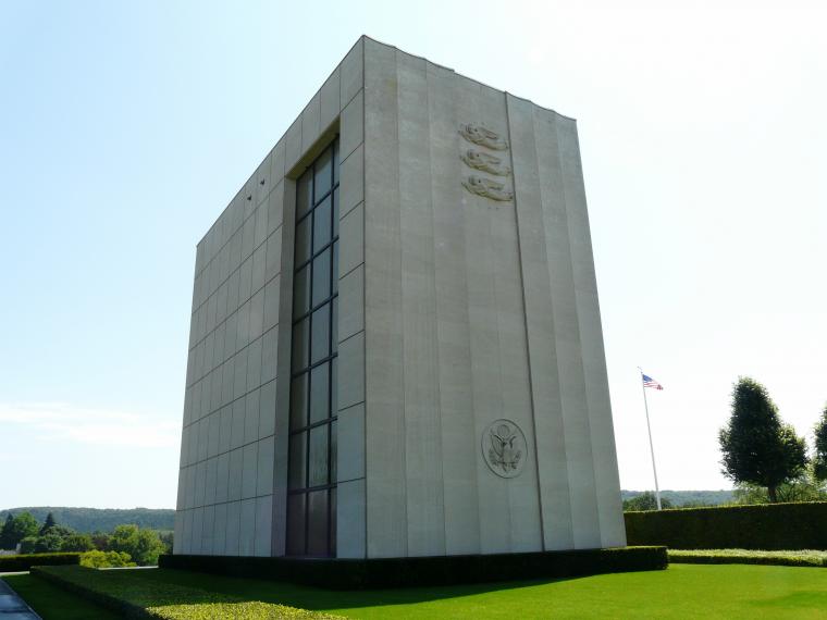 The rear exterior of the chapel at Lorraine American Cemetery.