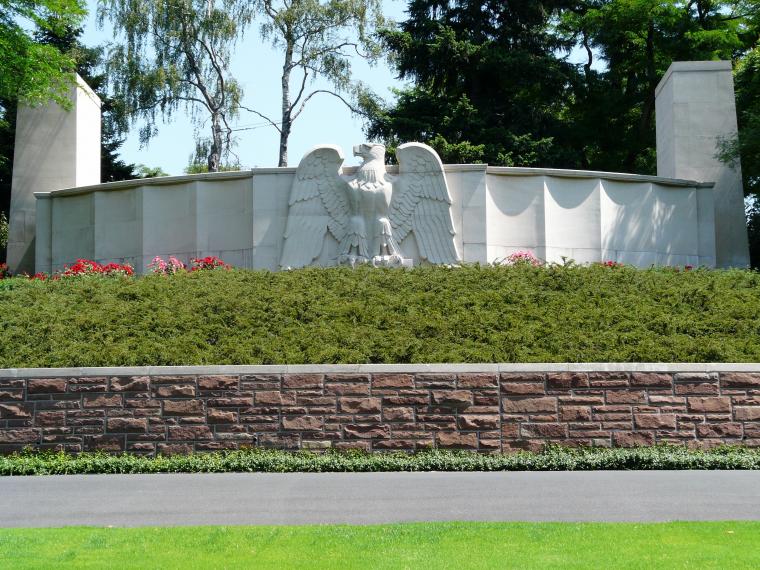 An eagle sculpture adorns the entrance to Lorraine American Cemetery.