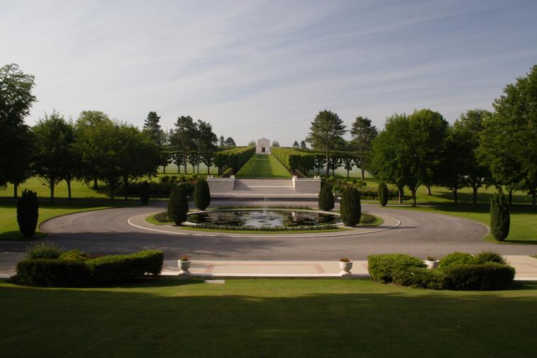 A long path leads to the chapel at Meuse-Argonne American Cemetery.