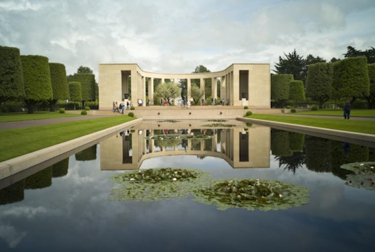 The memorial area at Normandy American Cemetery is shown in the reflecting pool.