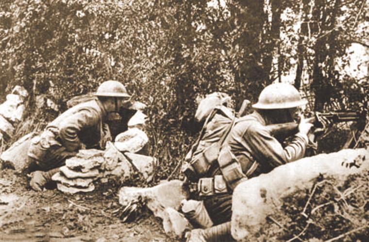 Soldiers prepare for combat during World War I.