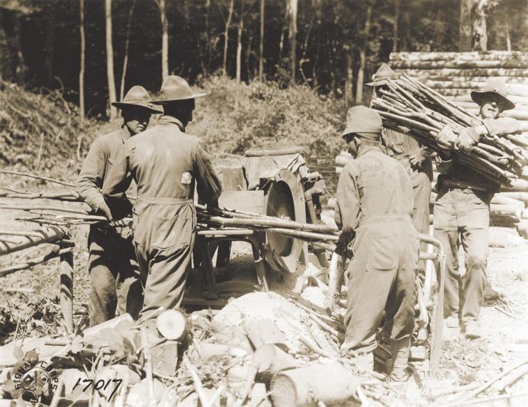 Soldiers of the 20th Engineer Regiment cut trees for use as fence post.